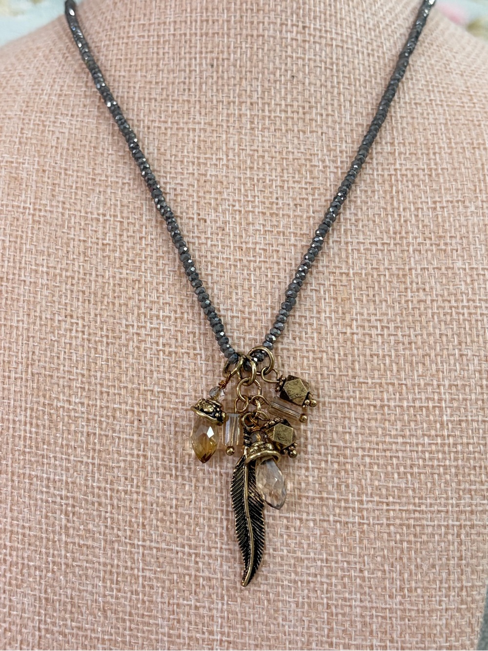 NEW Marlyn Schiff Gold Feather Charm Necklace with Gray Beaded Chain
